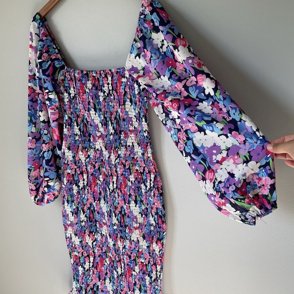 Pink Lily Boutique Floral Print Midi Dress Ruched Bubble Sleeves Size Medium - Picture 5 of 12